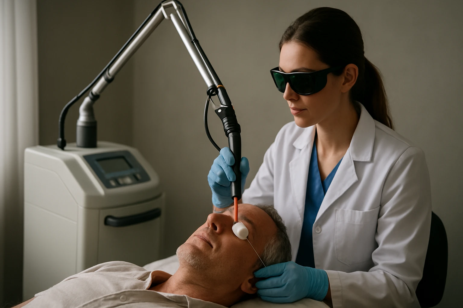 Žena používajúca CO2 laser na ošetrenie pleti muža.