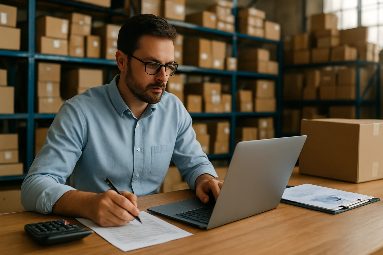 Muži pracujúci na daňovom sklade, evidujúci dokumenty.