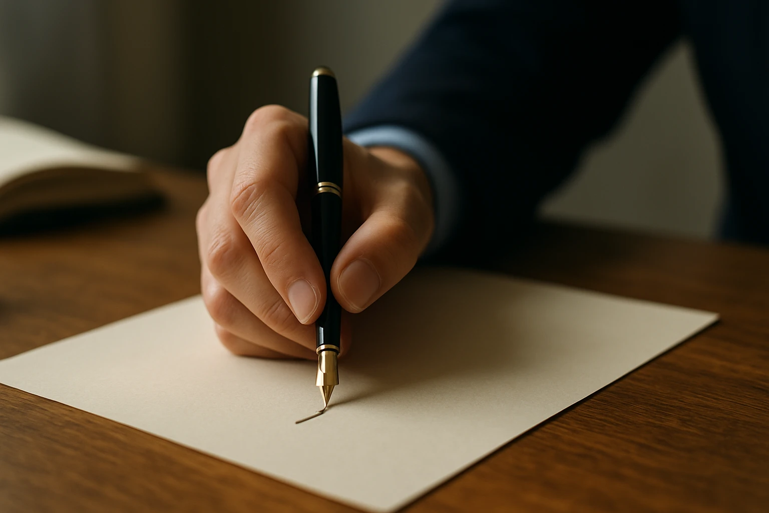 Ruka s plniacim perom píše na čistý papier.