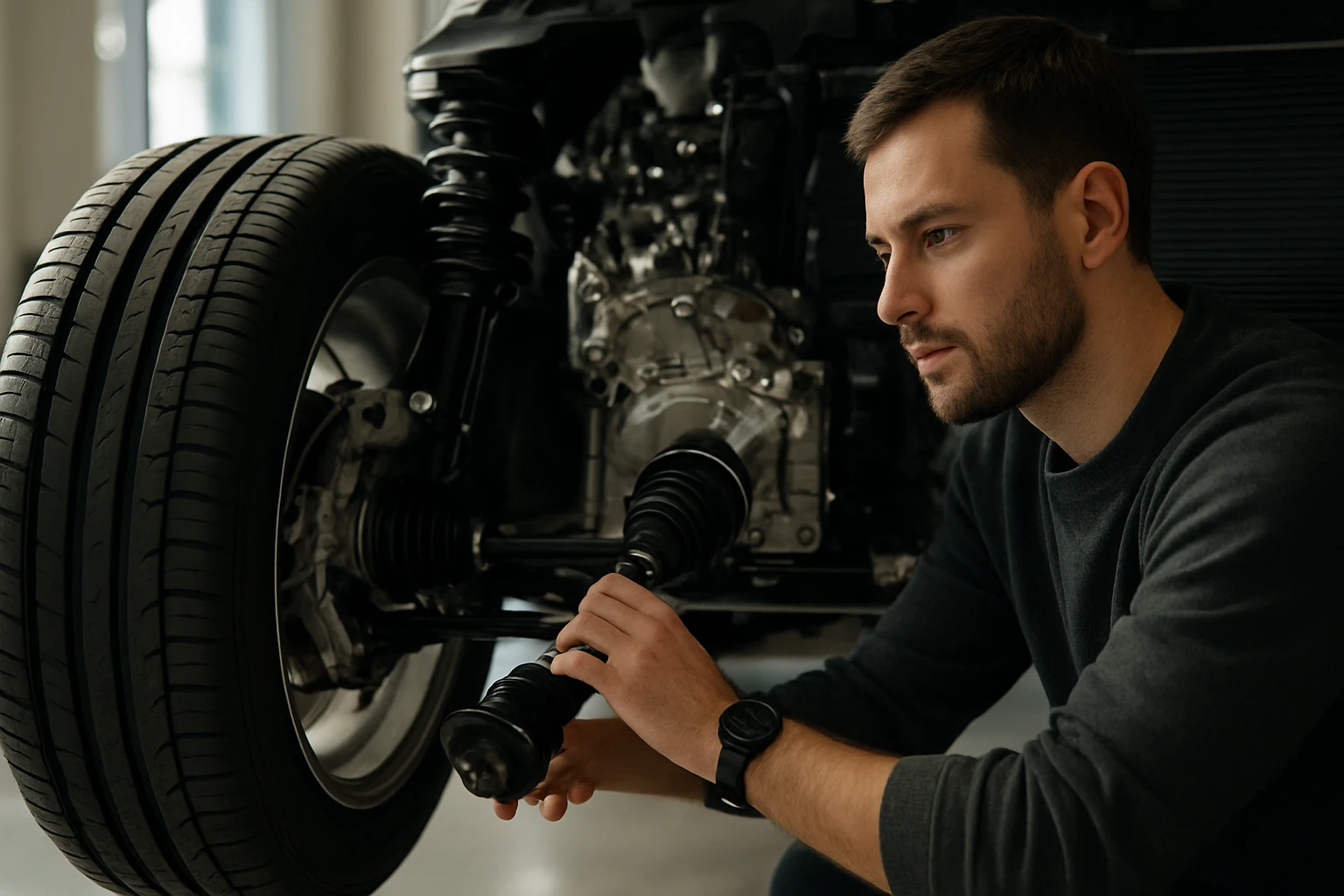 Muž skúma technológiu predného pohonu moderného auta.