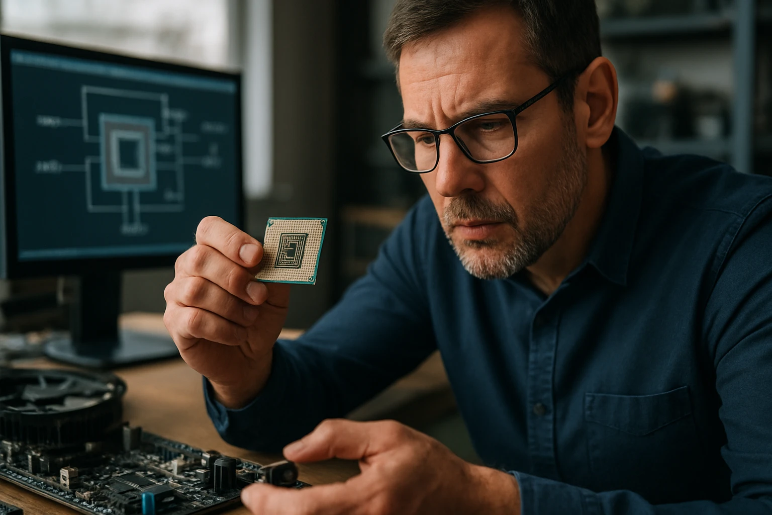 Muž skúma procesor a základnú dosku na pracovnom stole