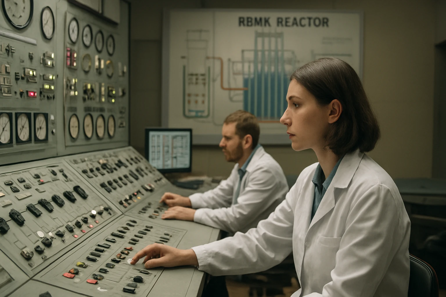 Pracovníci pri ovládacom paneli reaktora RBMK v laboratóriu