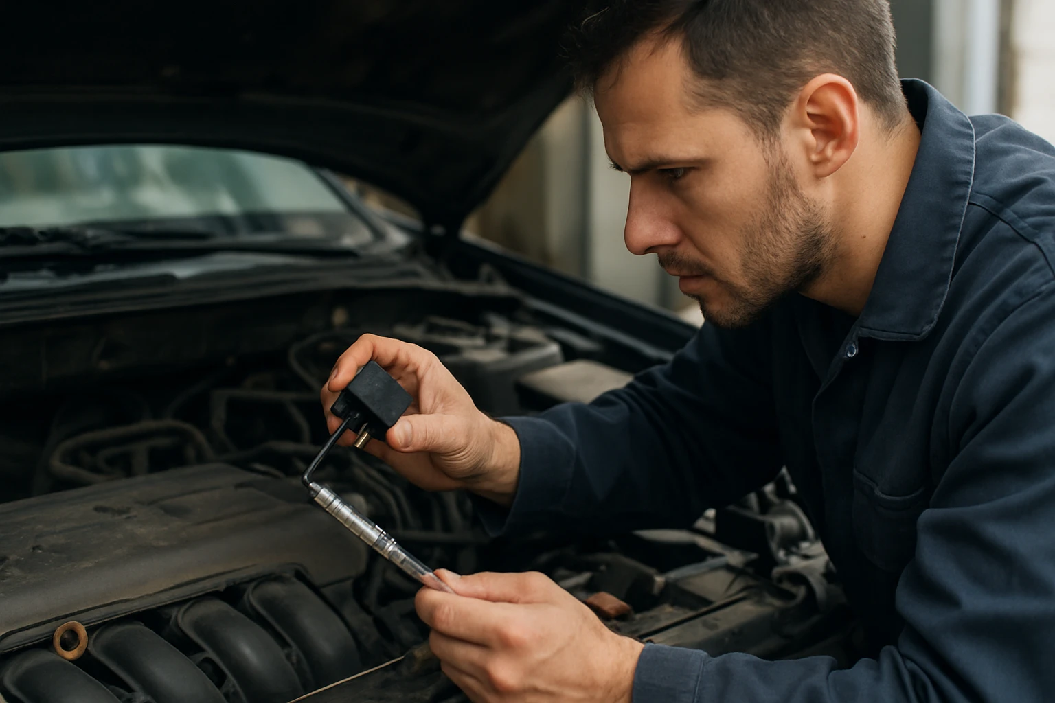 Mechanik kontroluje relé palivového čerpadla v automobile