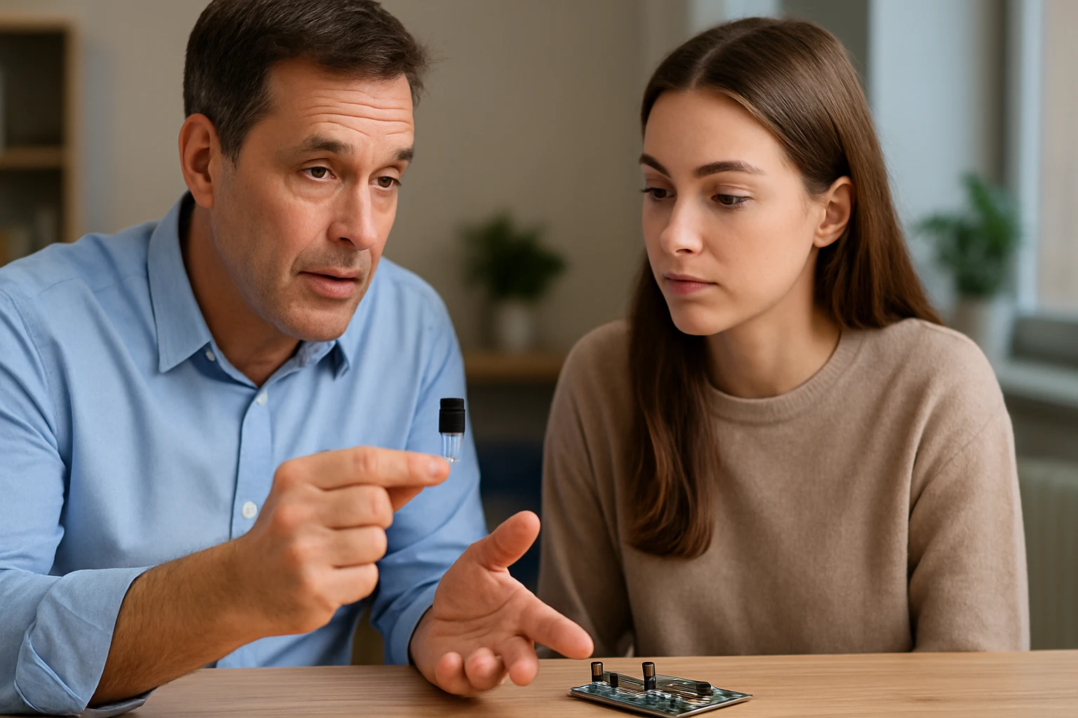 Osoba vysvetľuje fungovanie tranzistora inom človeku.