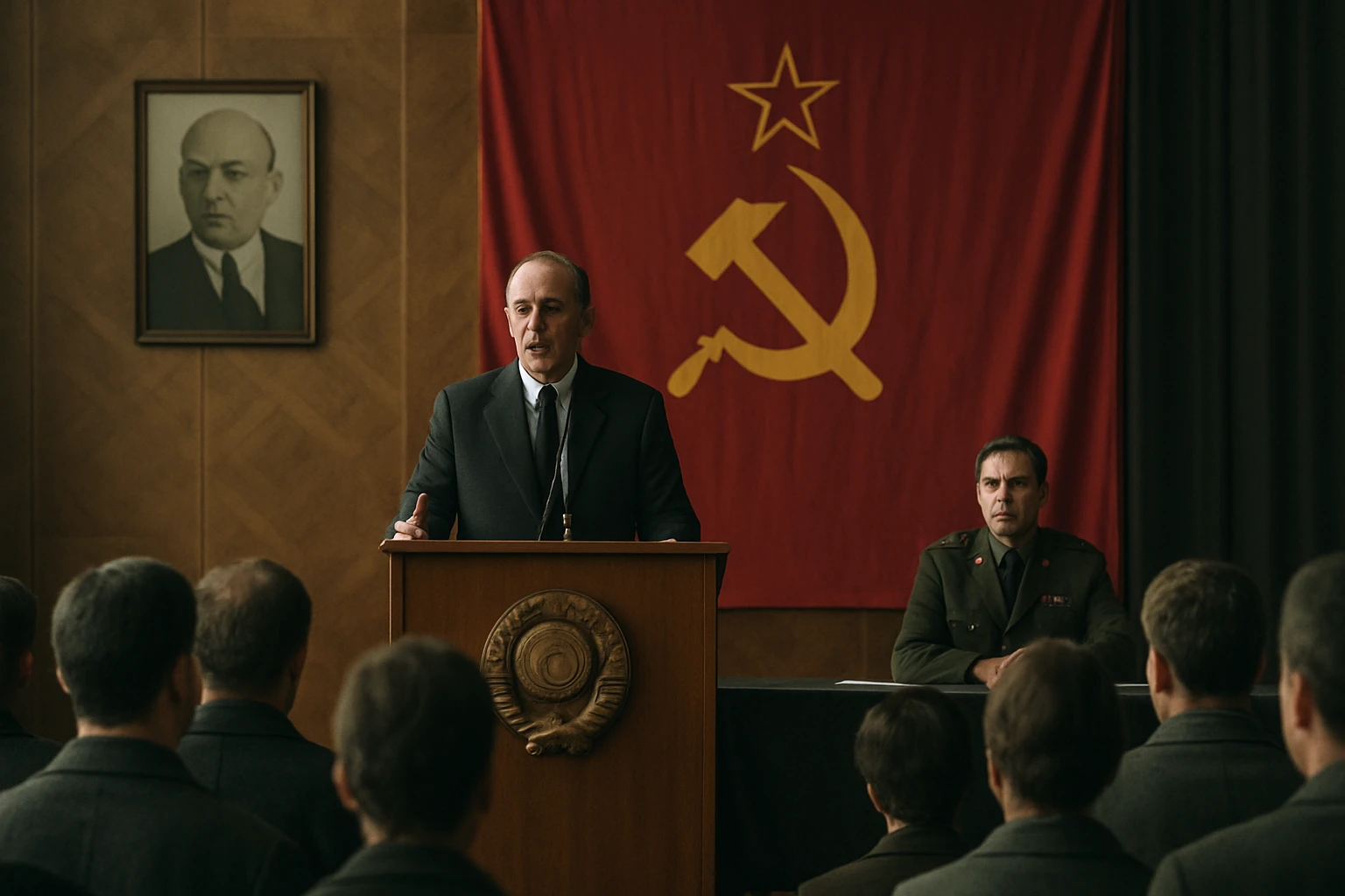 Prednášajúci na politickej schôdze s komunistickou vlajkou v pozadí.