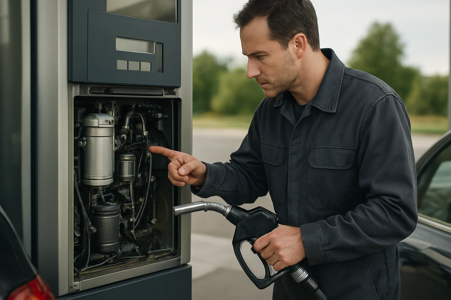 Muž skúma benzínové čerpadlo na čerpacej stanici.
