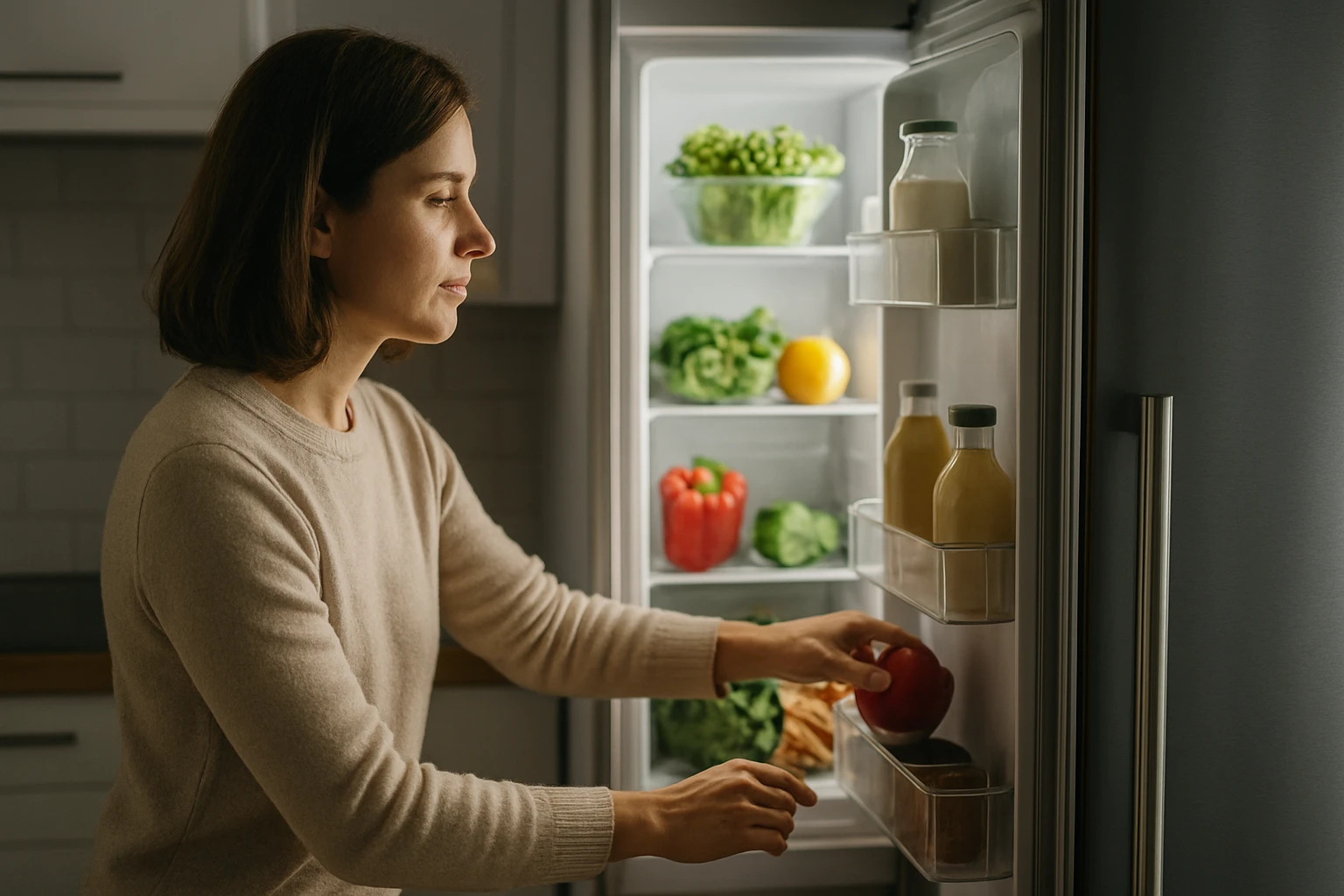 Žena kontroluje čerstvé potraviny v chladničke