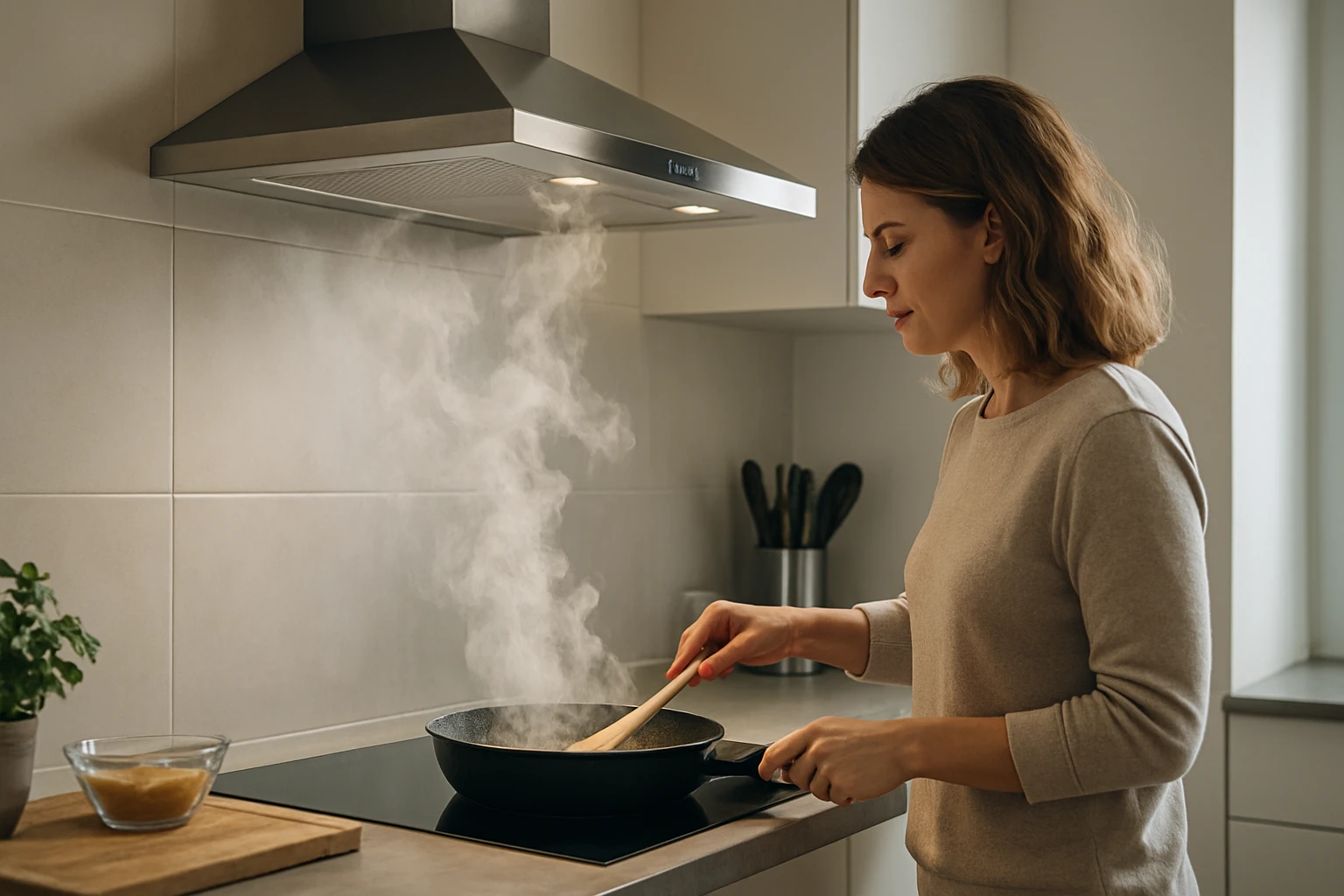 Žena varí v kuchyni pod digestorom s parou