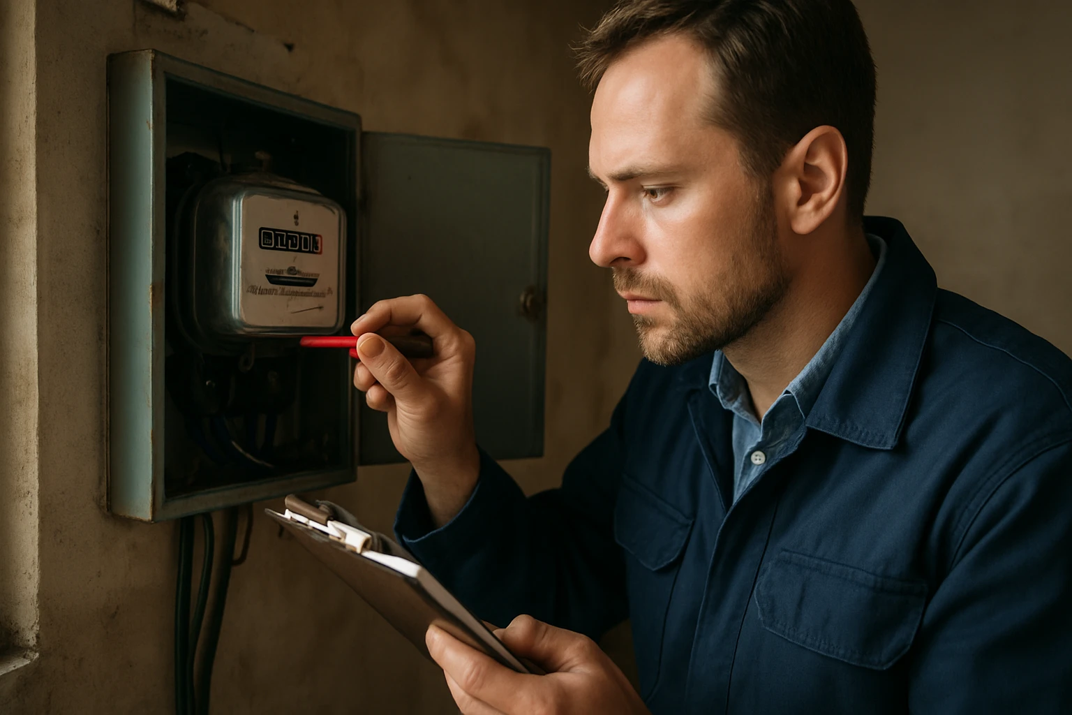 Muž kontroluje elektromer a meria spotrebu elektrickej energie.