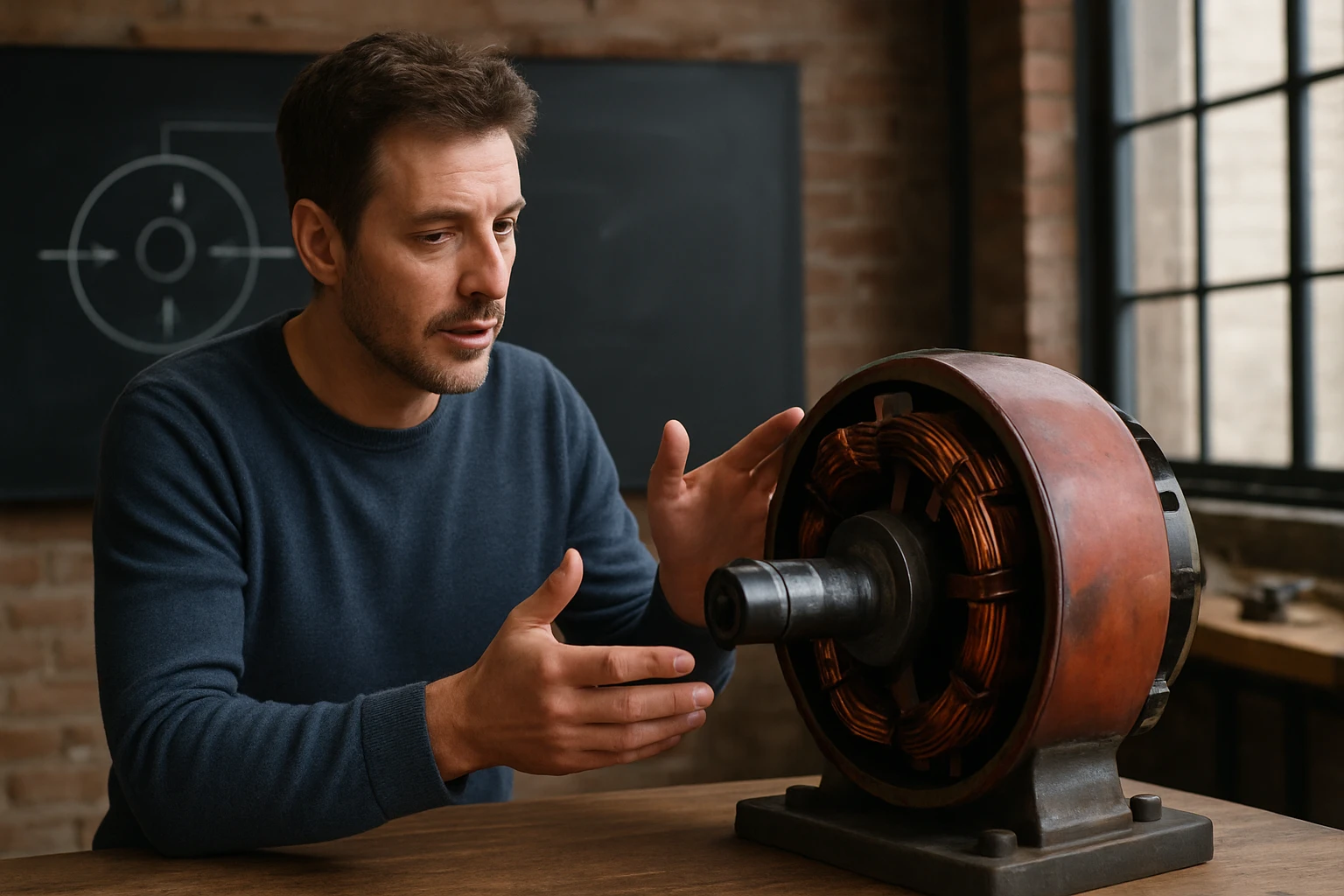 Muž vysvetľuje fungovanie generátora s mechanickými komponentmi.