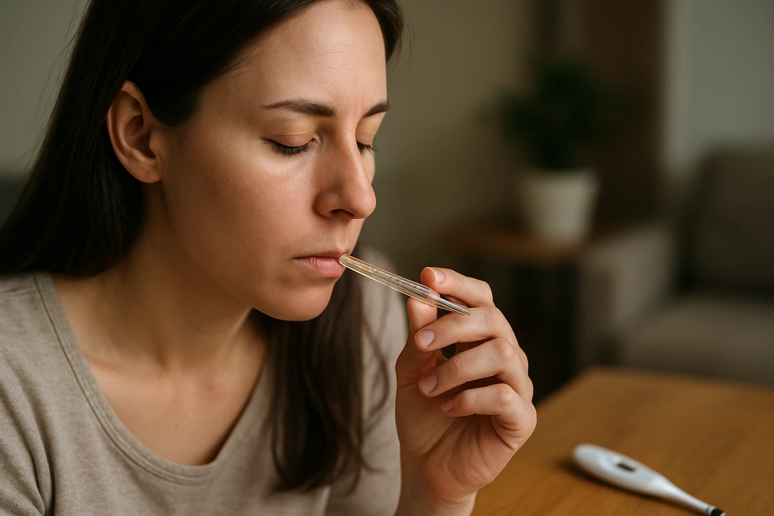 Žena meria teplotu teplomerom v pokoji