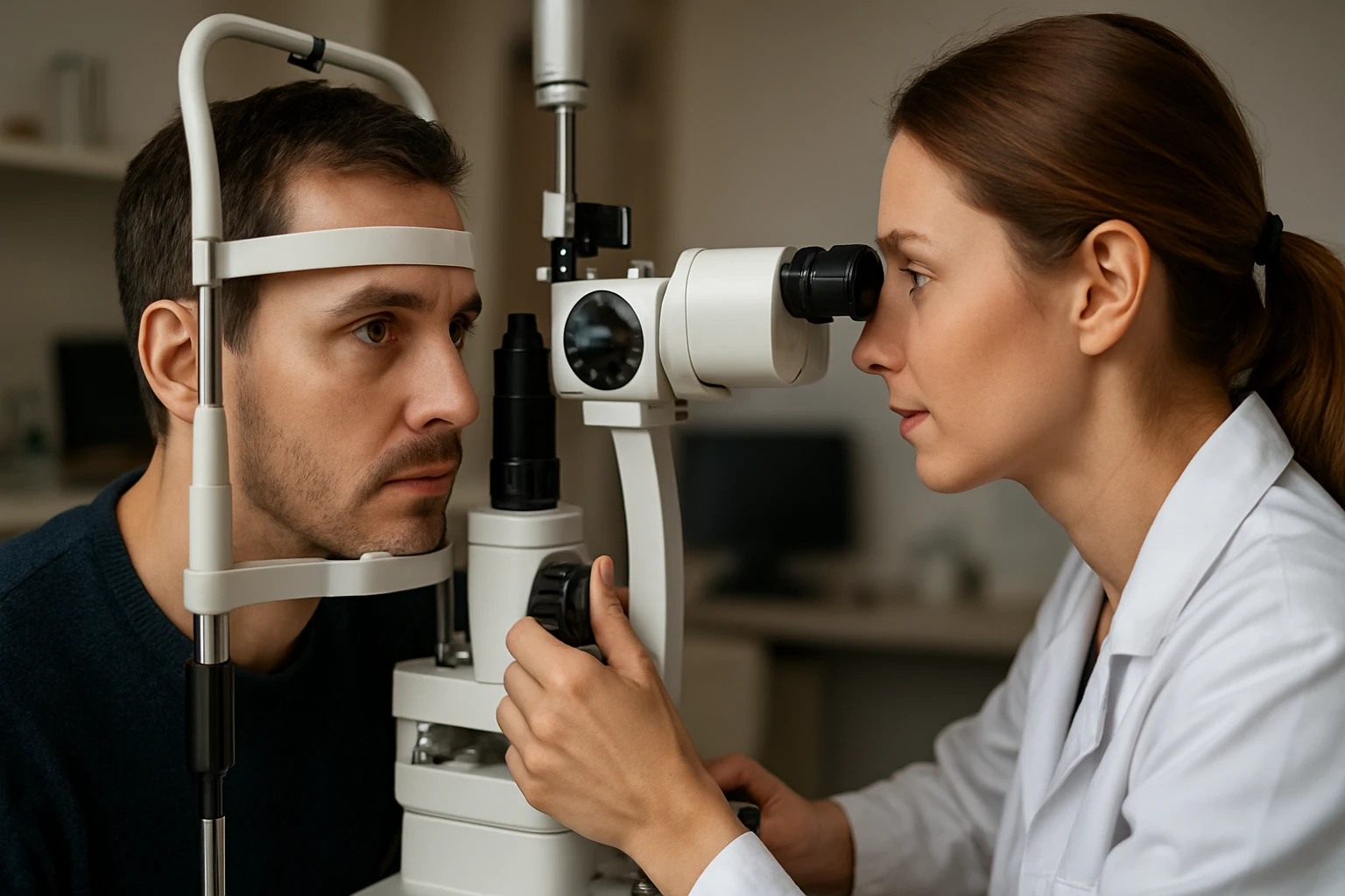 Vyšetrenie zraku s očnou optikou a pacientom