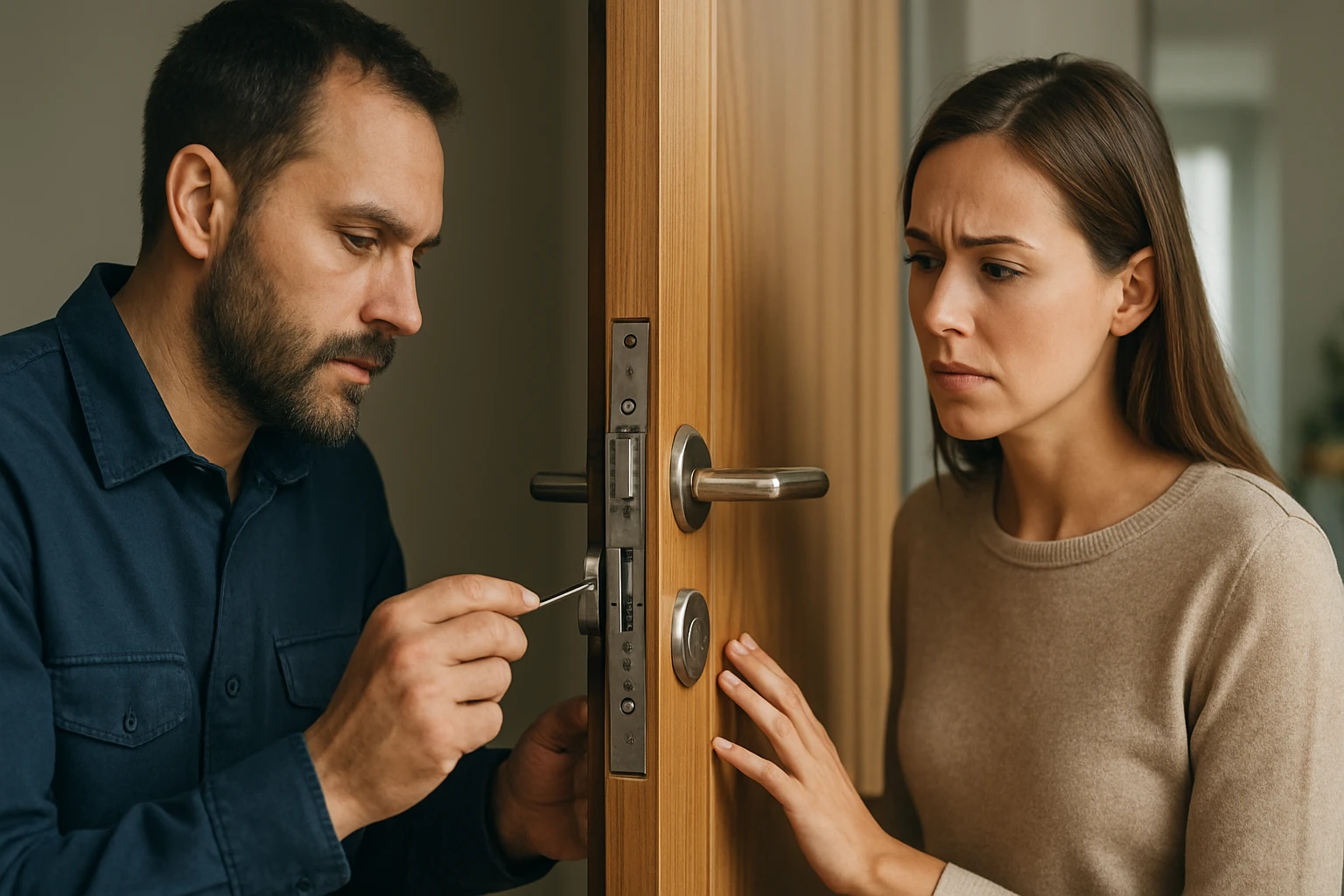 Muž opravuje dverový zámok, žena sleduje so znepokojením.