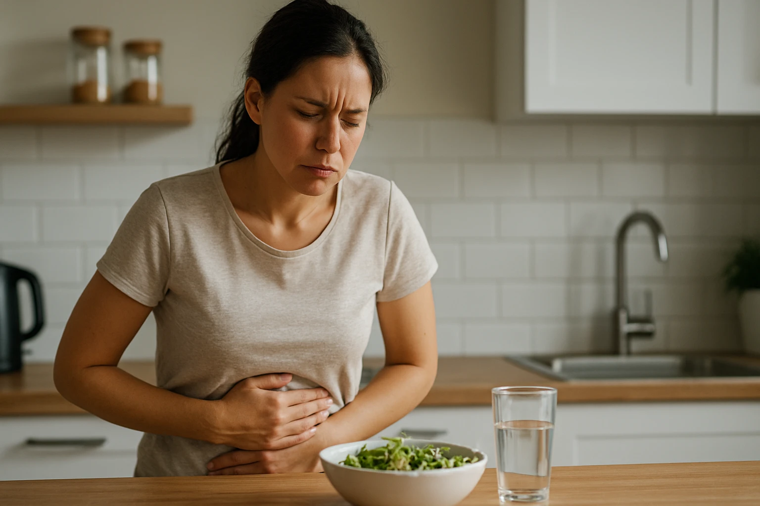 Žena má bolesti brucha pri jedle zdravého šalátu.