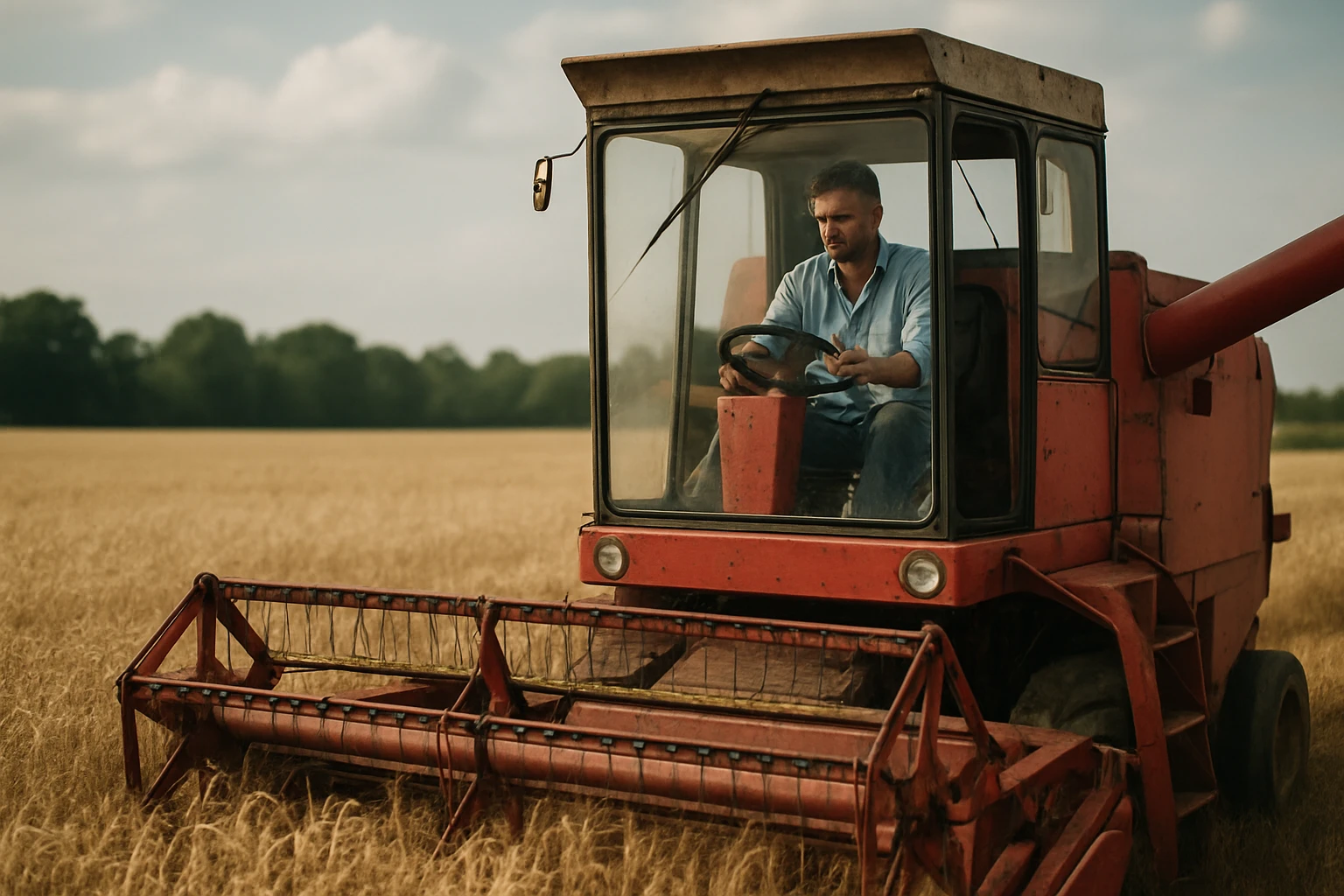 Žena riadi mláťačku na zlatom poli obilia.