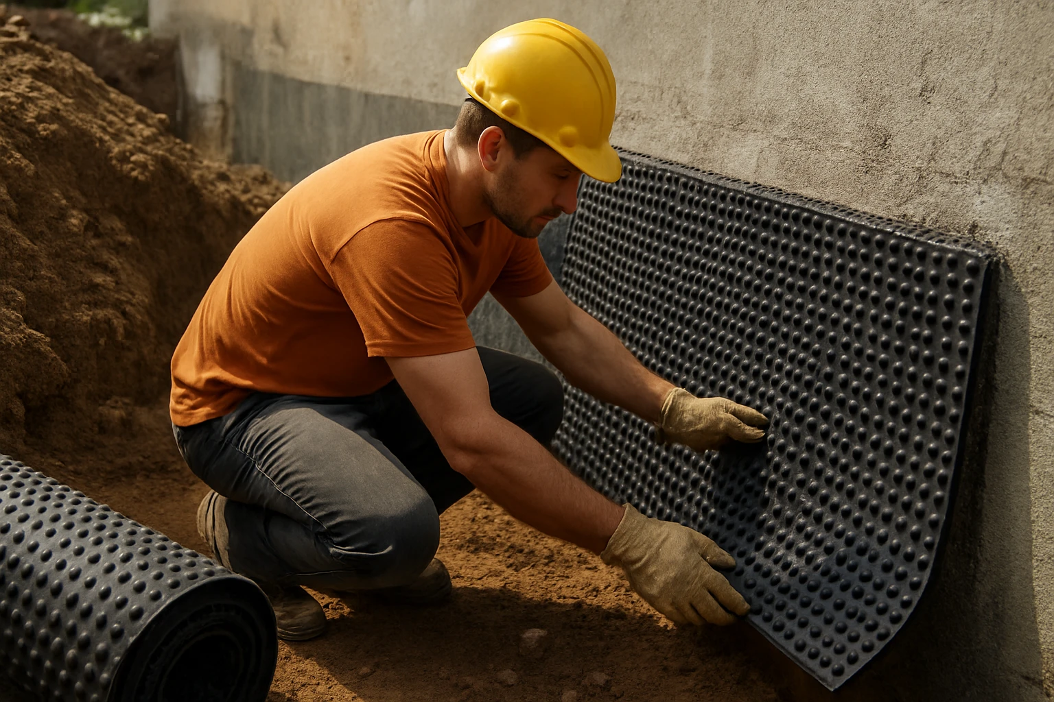 Pracovník inštaluje drenážnu dosku na stavebnom pozemku.