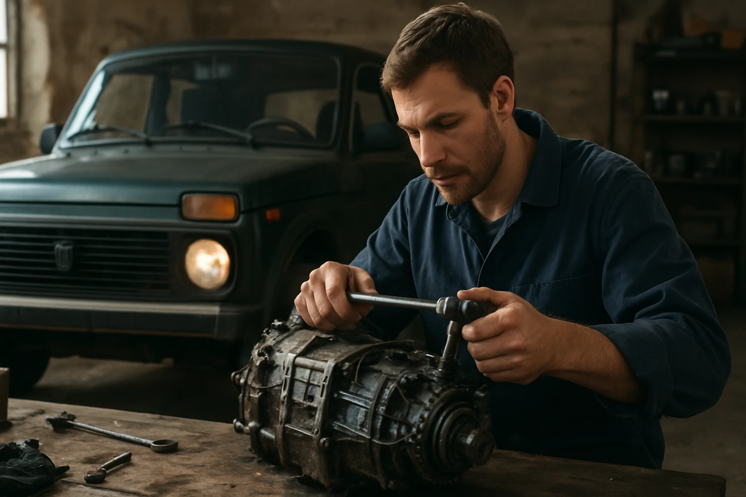 Mechanik pracuje na prevodovke automobilu Lada Niva v dielni