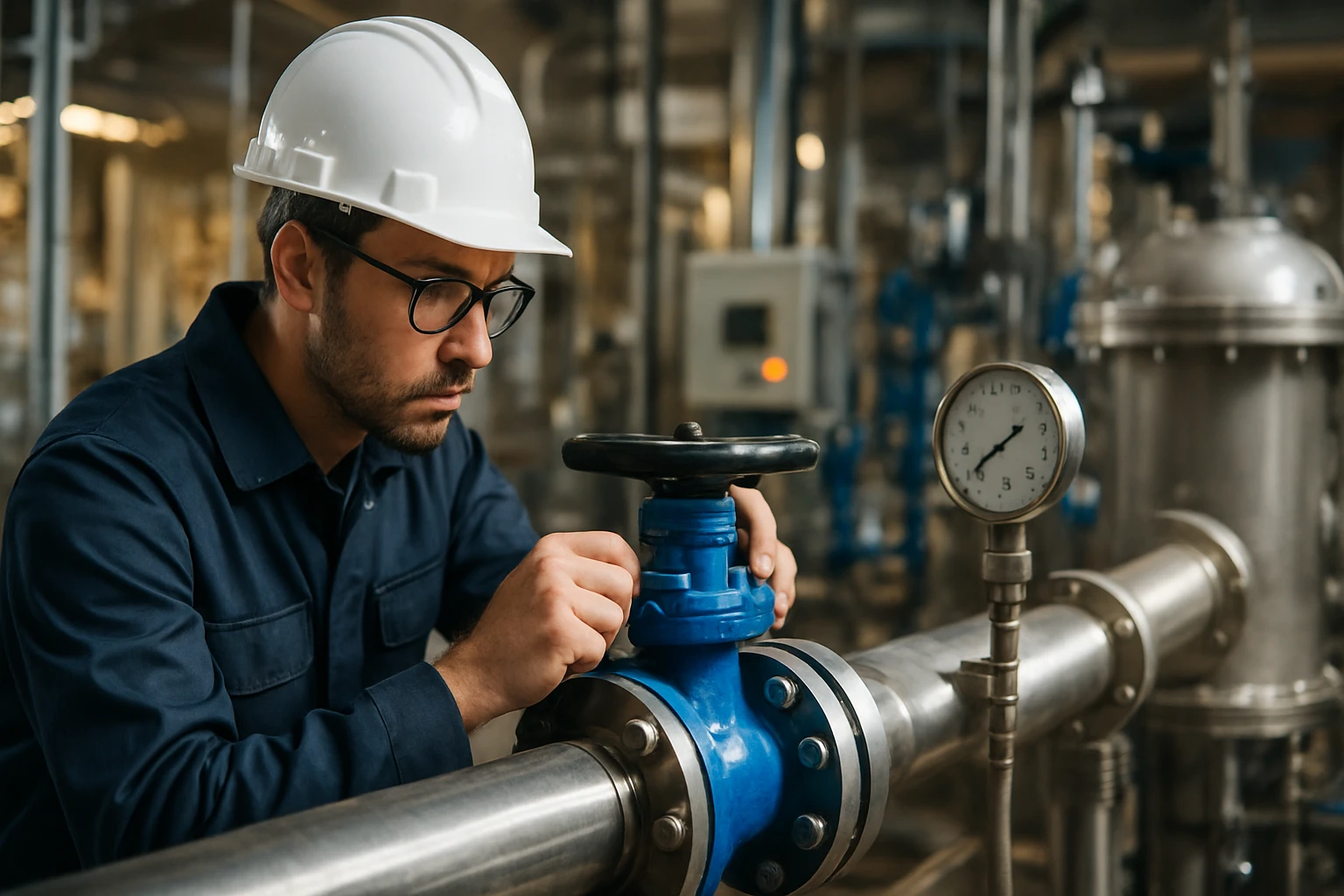 Technik kontroluje regulačný ventil v priemyselnej prevádzke.