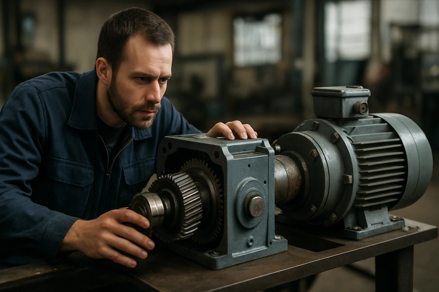 Inžinier kontroluje reduktor v strojárskej dielni.