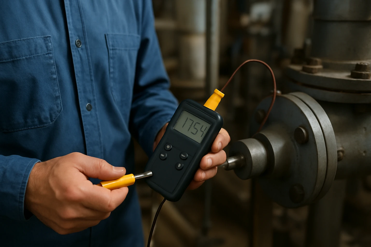 Merač teploty a termočlánok v priemyselnom prostredí.