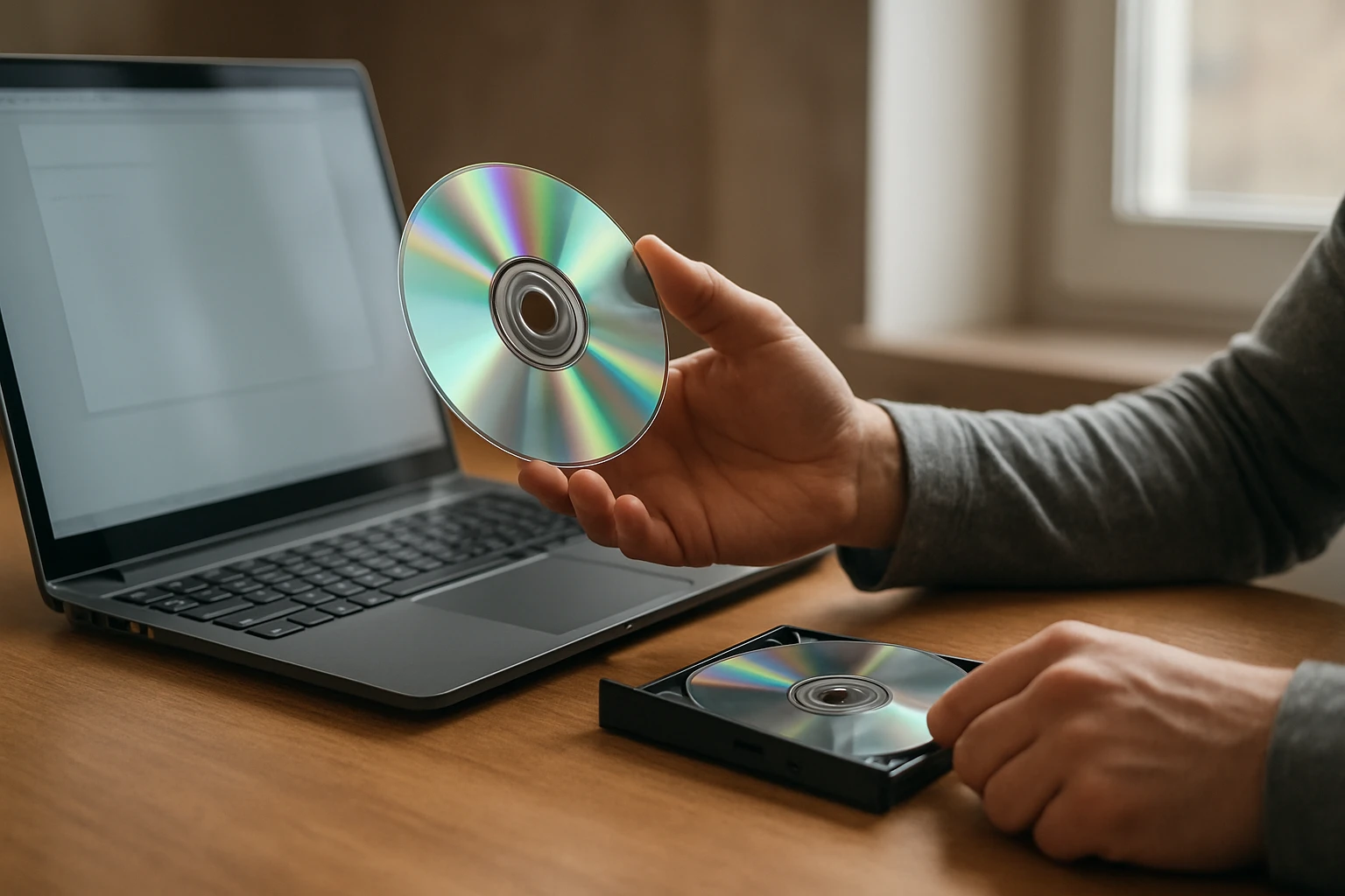 Osoba drží DVD disk pri počítači s otvoreným DVD mechanizmom.