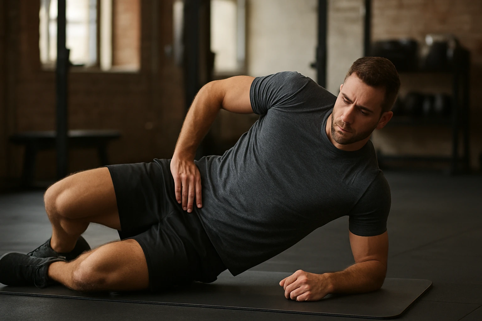 Muž vykonávajúci cvičenie na bedrový sval v posilňovni