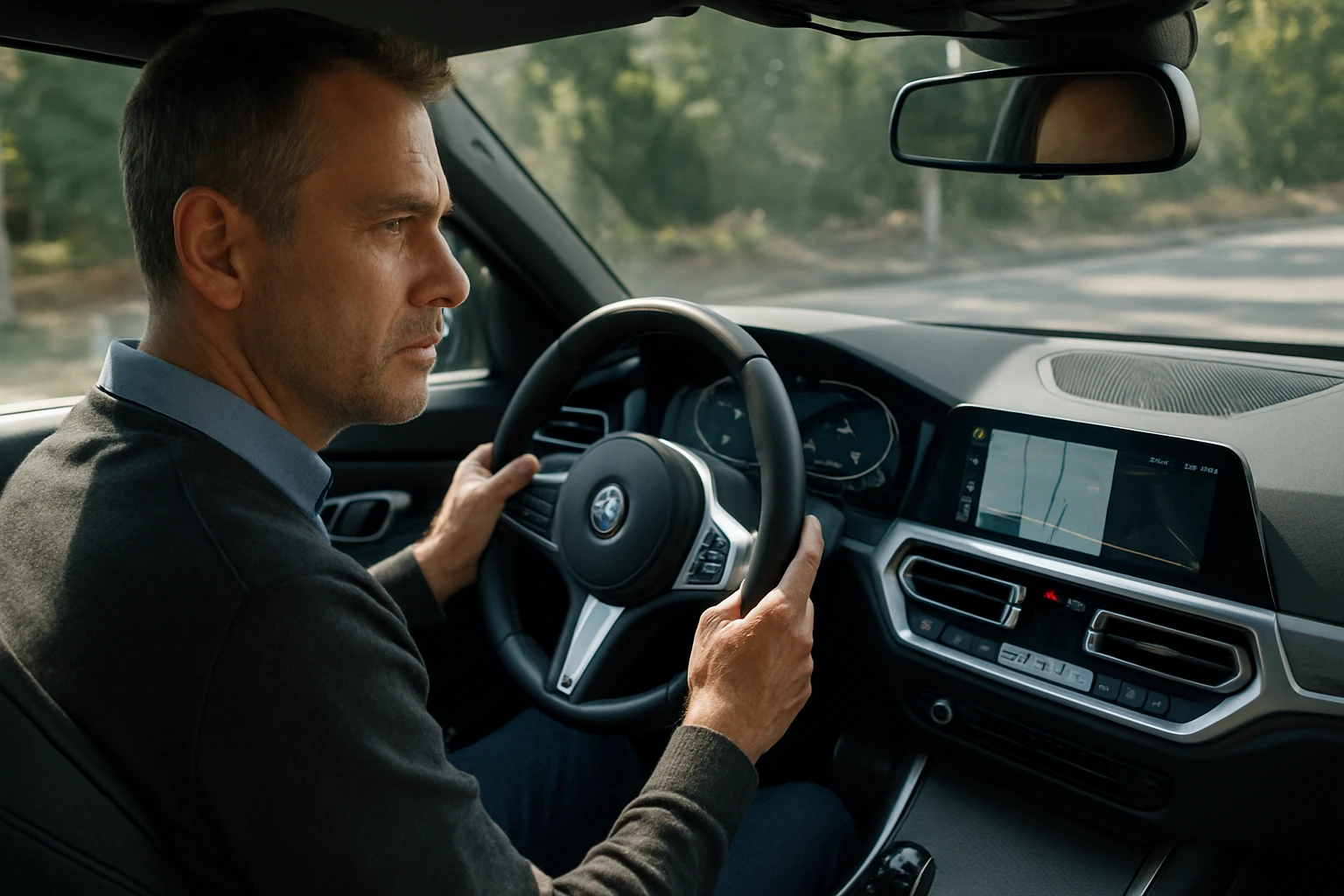 Muž šoférujúci automobil s moderným informačným systémom