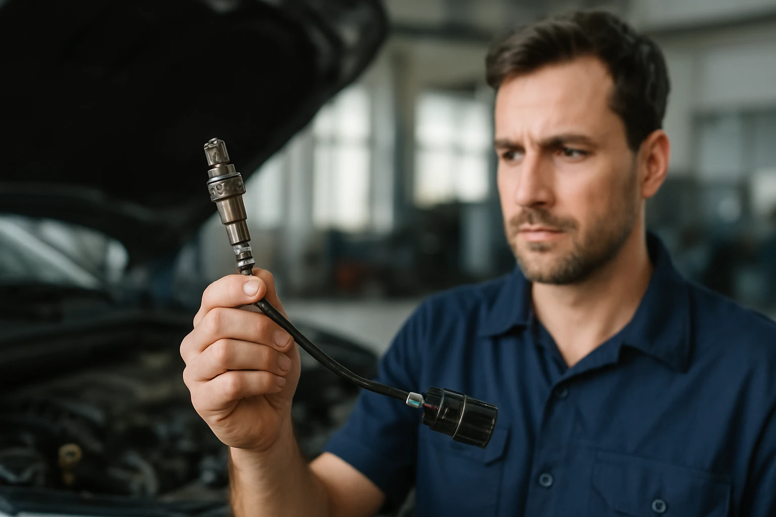 Muž skúma 5-vodičovú lambda sondu pre automobilový priemysel