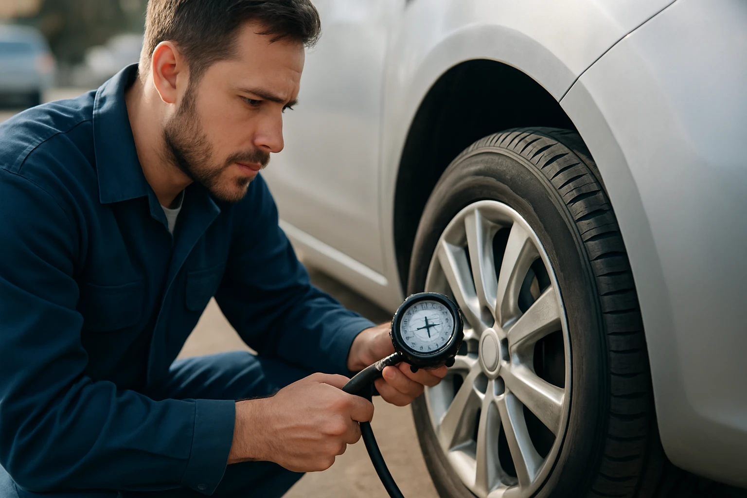 Muž kontroluje tlak v pneumatike auta so snímačom