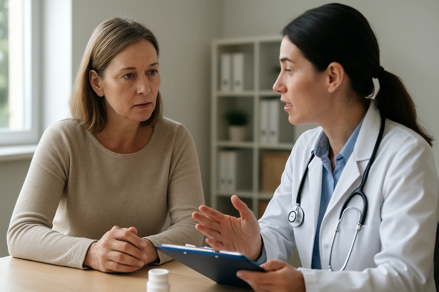 Žena v konzultácii s lekárom o zdravotných otázkach.