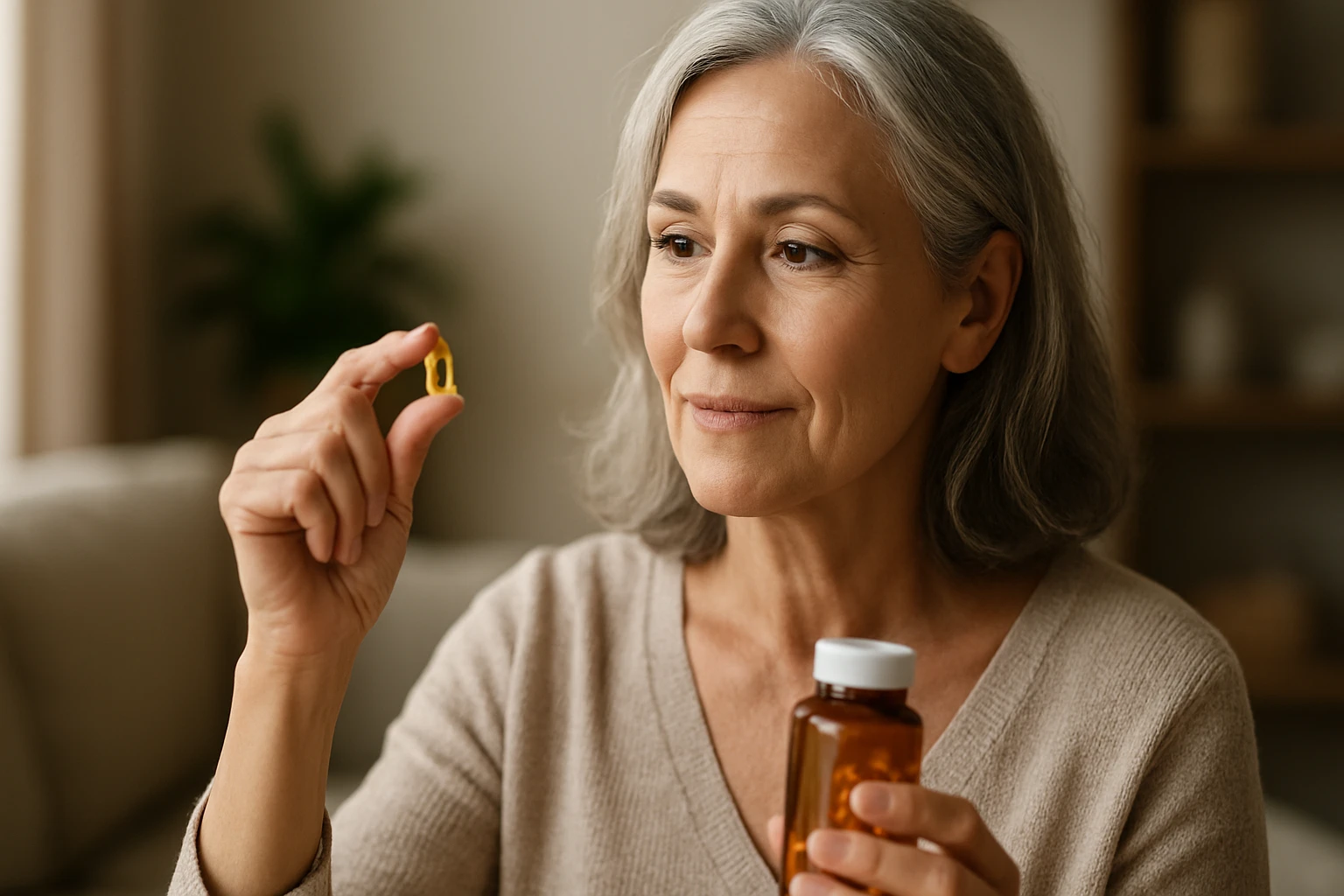 Žena zvažuje užívanie kapsuly koenzýmu Q10 pre zdravie.