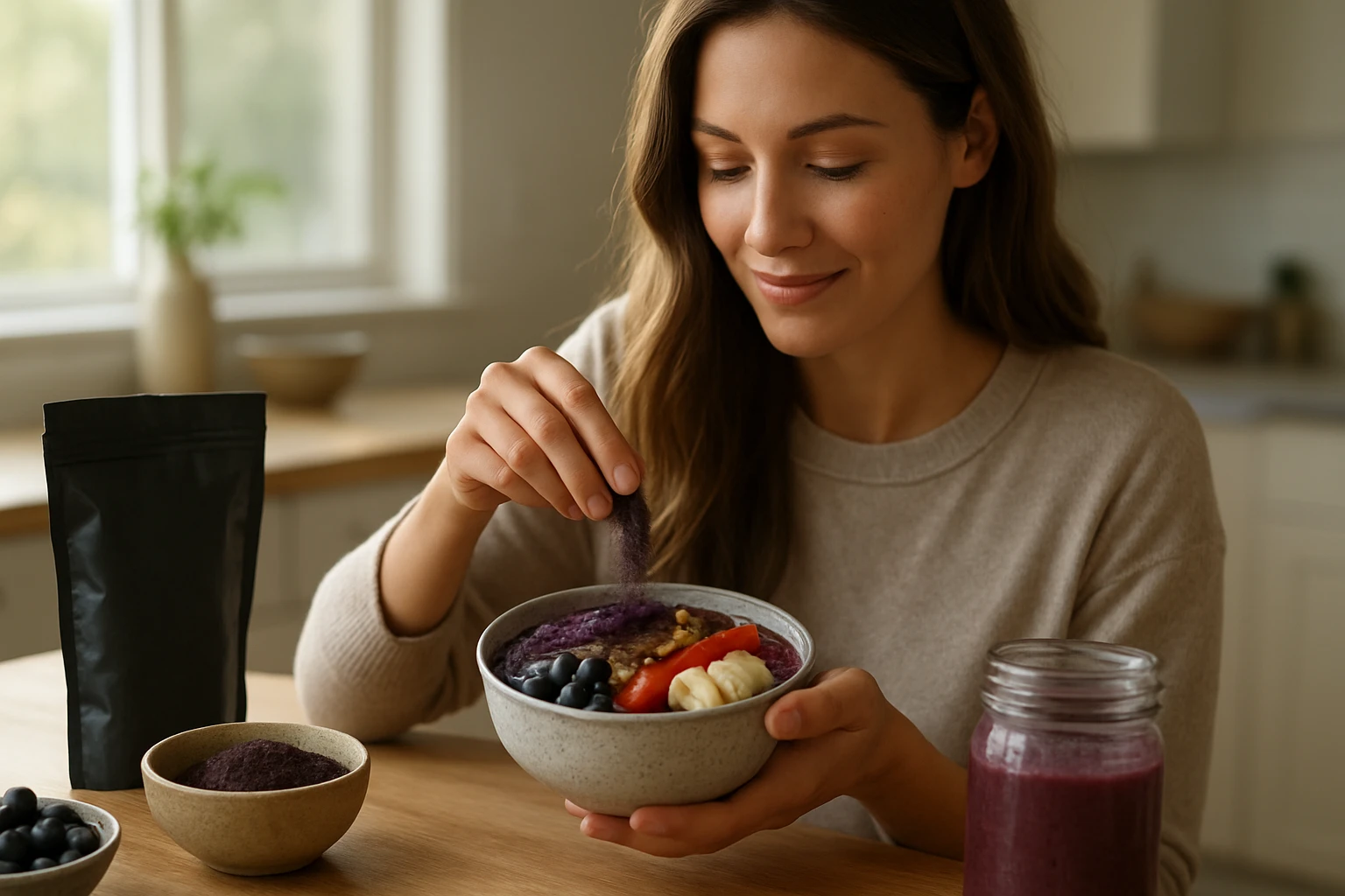 Žena posypáva acai prášok na smoothie misku plnú ovocia