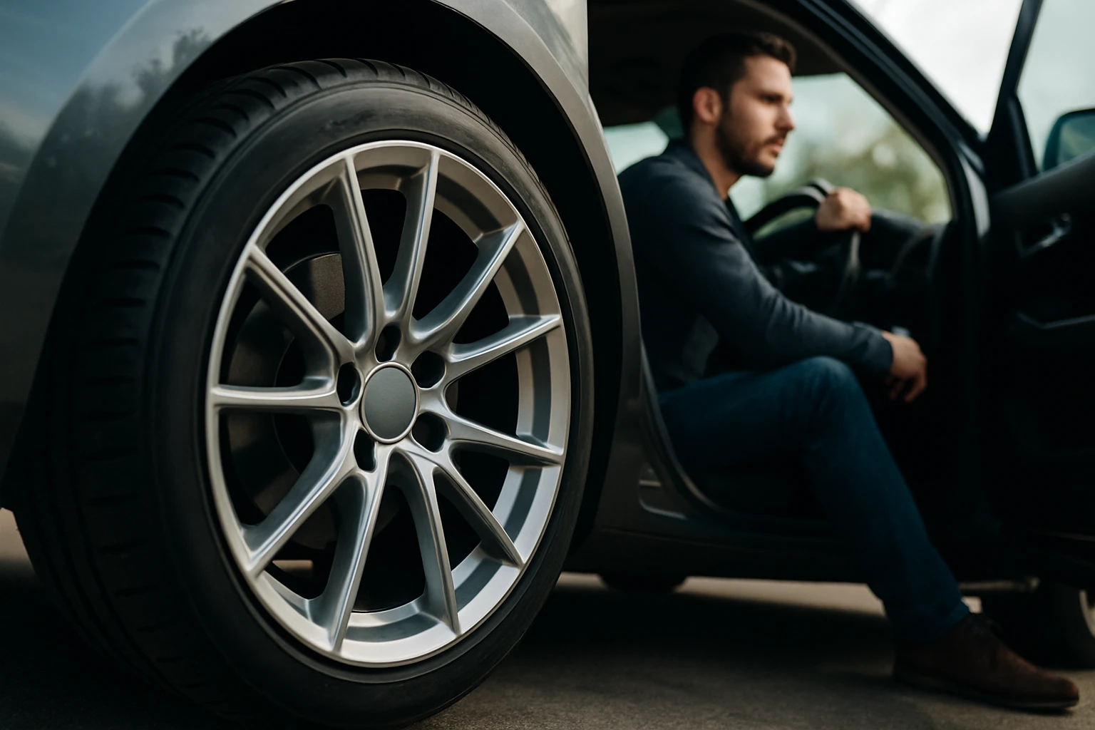 Horčíkový disk automobilu s mužom sediacim vo vozidle.