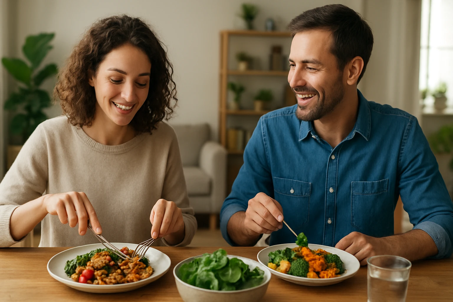 Pár si vychutnáva bezmäsité jedlo plné zeleniny a zdravých surovín.
