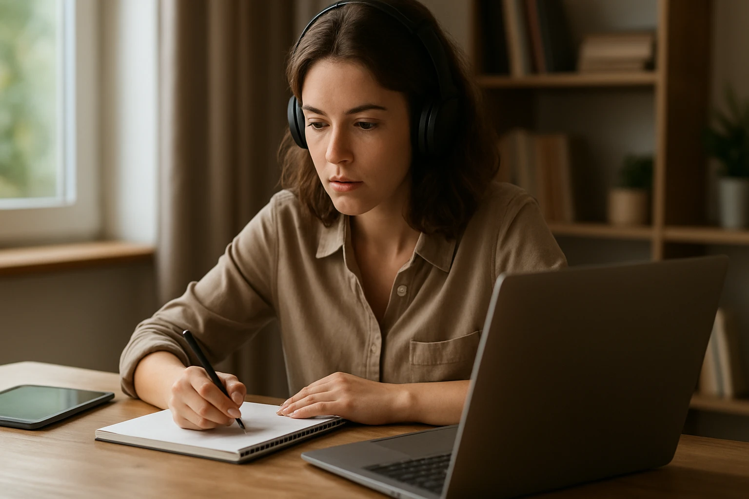 Žena sa učí online a píše si poznámky, podporuje digitálne vzdelávanie.