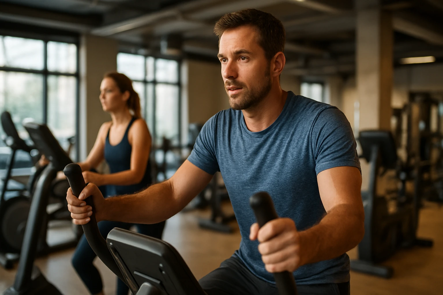 Cvičenie na eliptickom trenažéri v modernom fitness centre.
