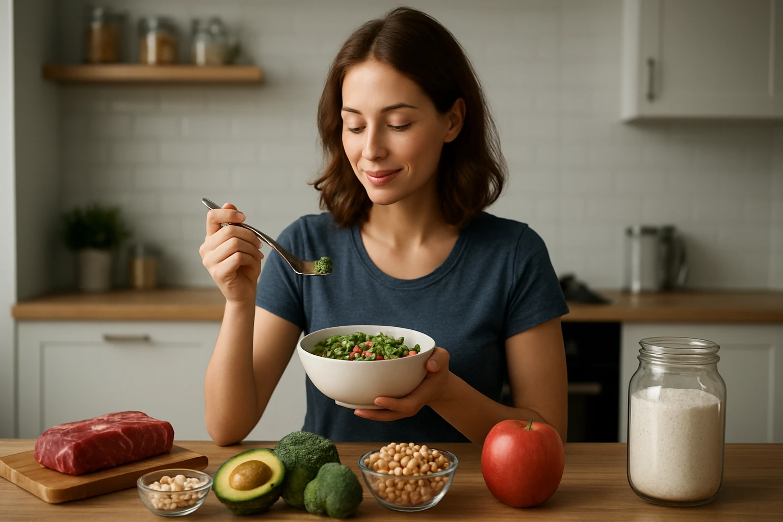Žena si vychutnáva zdravý šalát bohatý na fenylalanín