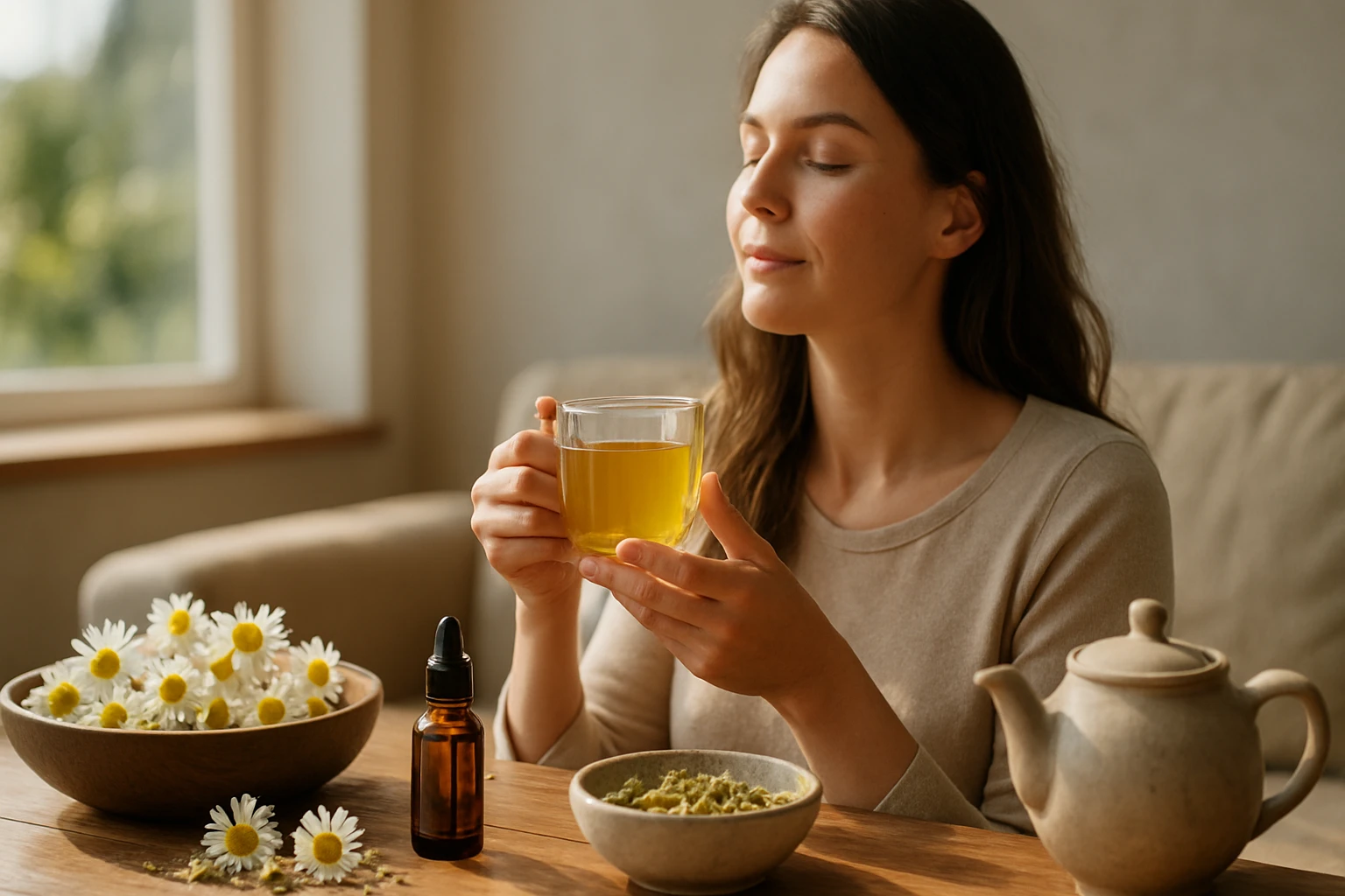 Žena vychutnávajúca harmančekový čaj s prírodnými liečebnými prostriedkami.