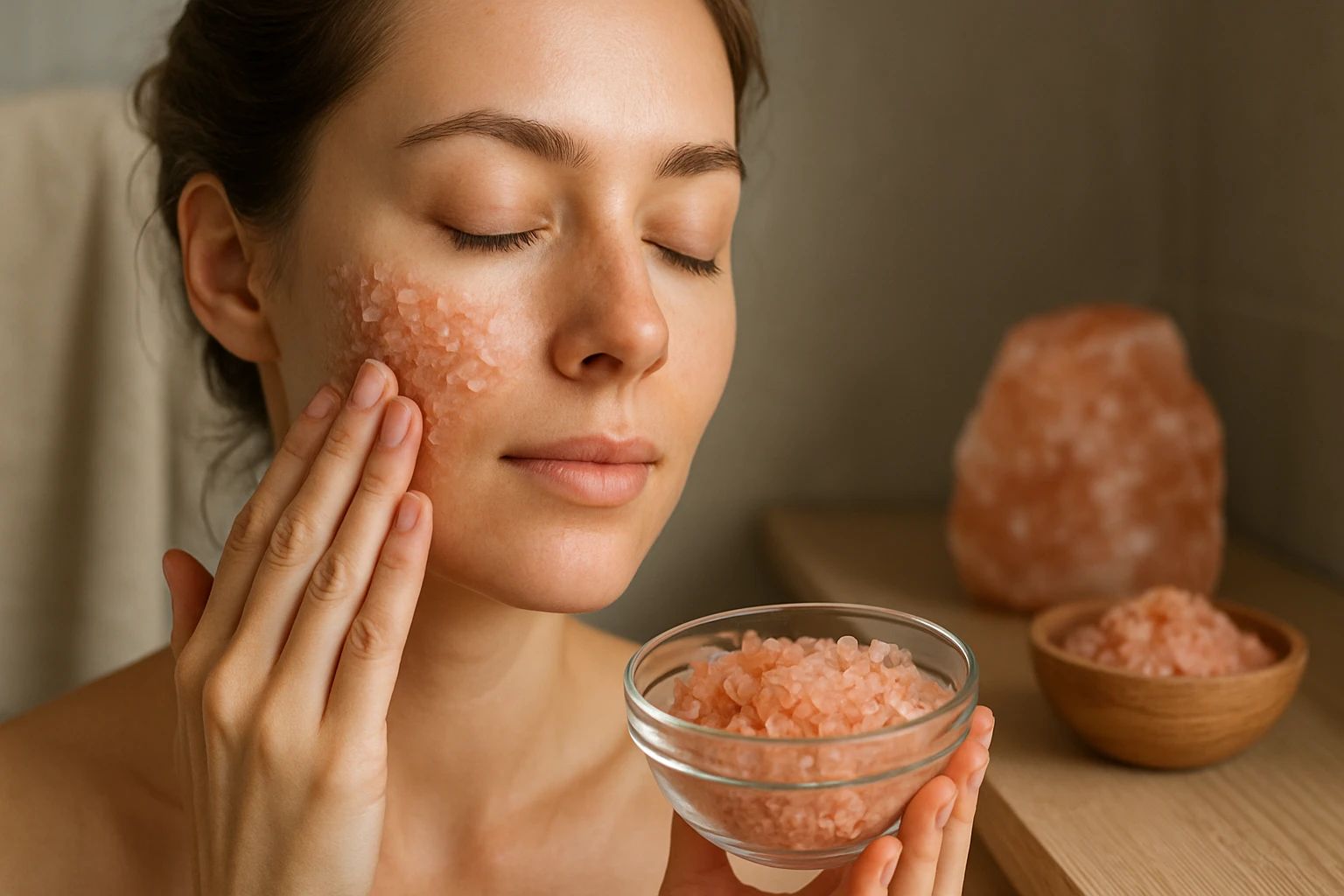 Žena používa himalájsku soľ na exfoliaciu pleti pokožky.