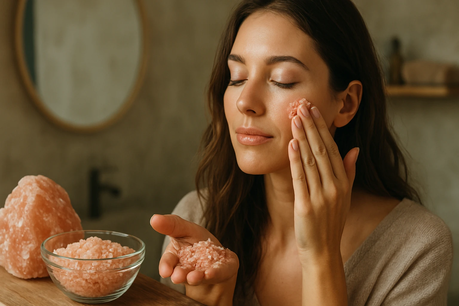 Žena s himalájskou soľou na pleti pre krásu a zdravie.