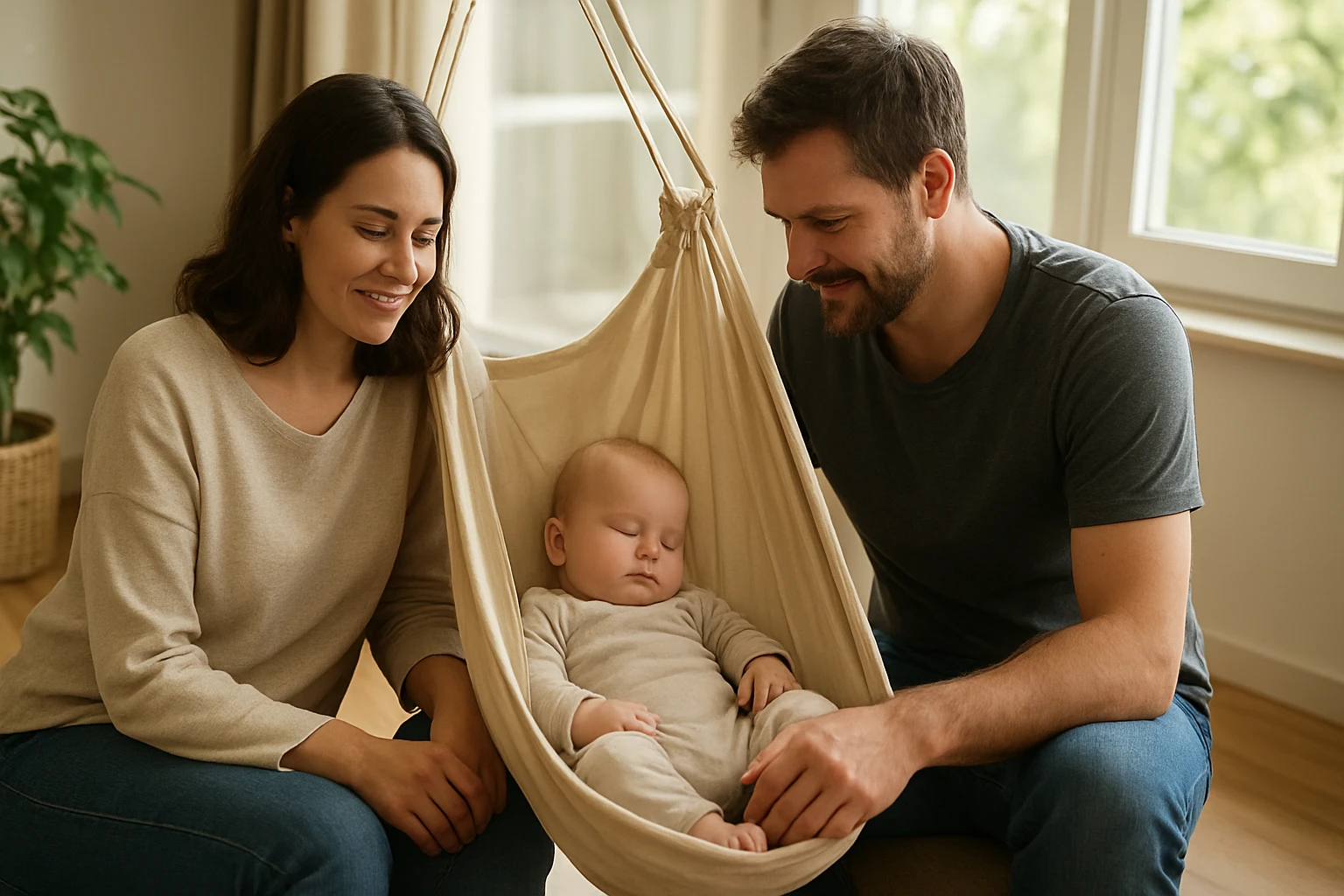 Rodina s bábätkom v hojdačke Adamo počas relaxácie doma.