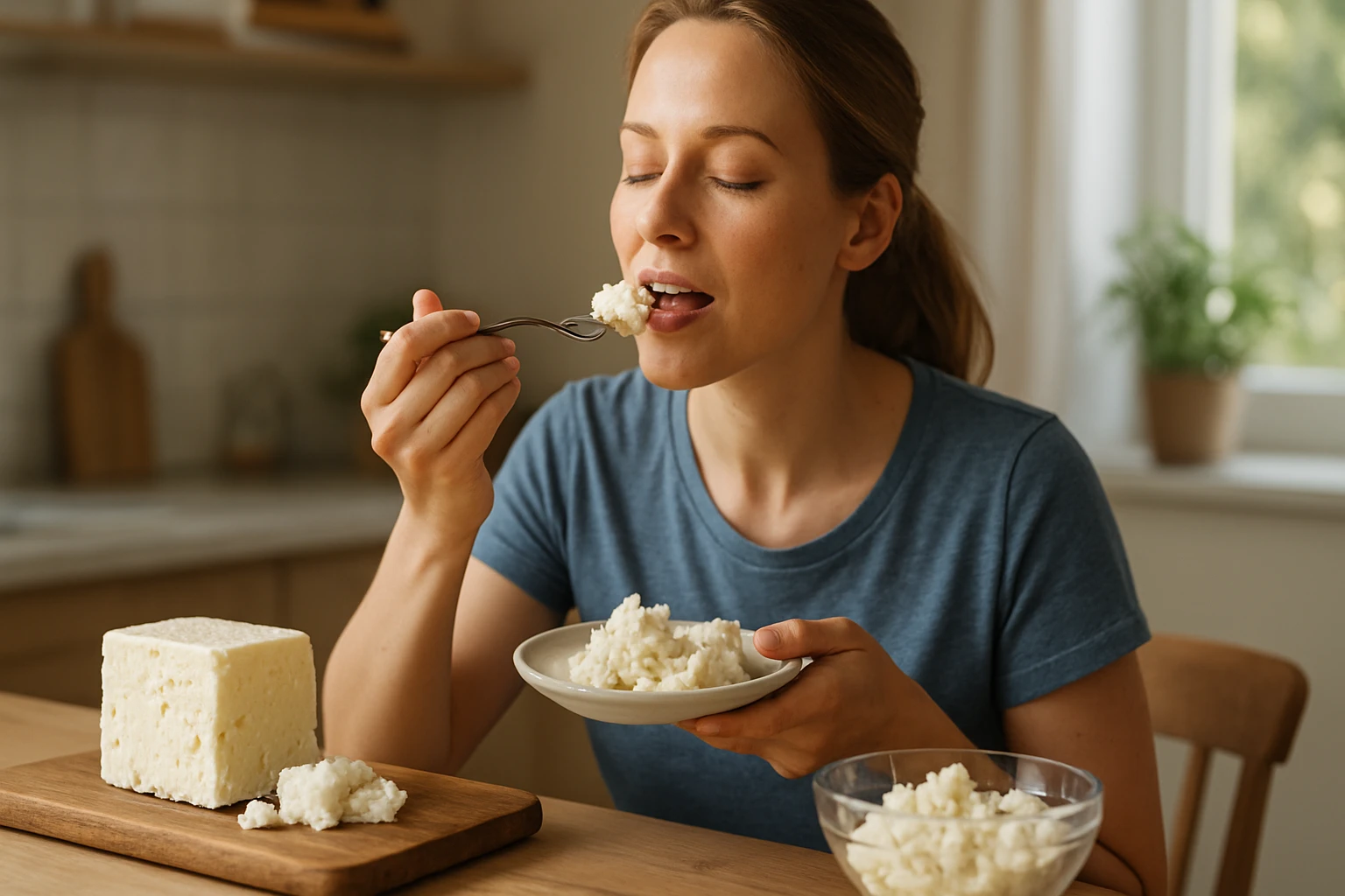 Žena sa teší z chuti ovčieho syra pri jedle.