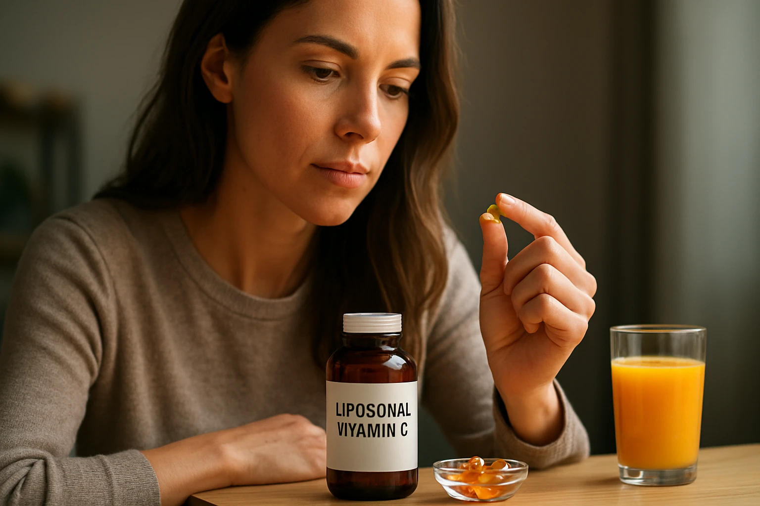 Žena zvažuje lipozomálny vitamín C s oranžovým džúsom vedľa.