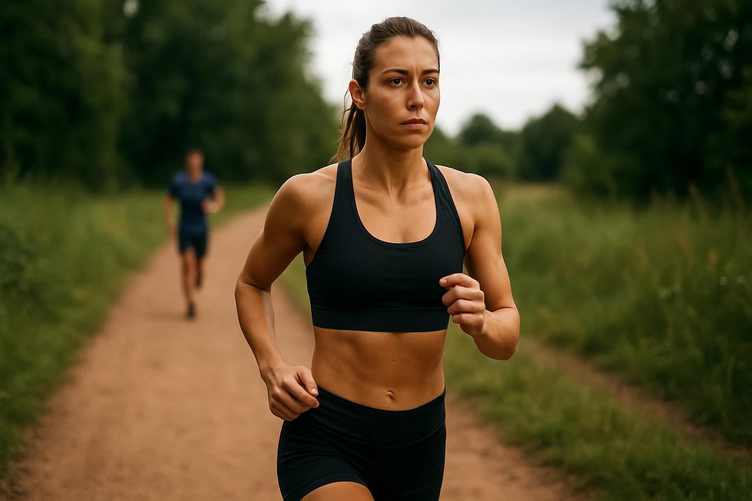 Žena trénujúca intervalový beh na červenej ceste v prírode.