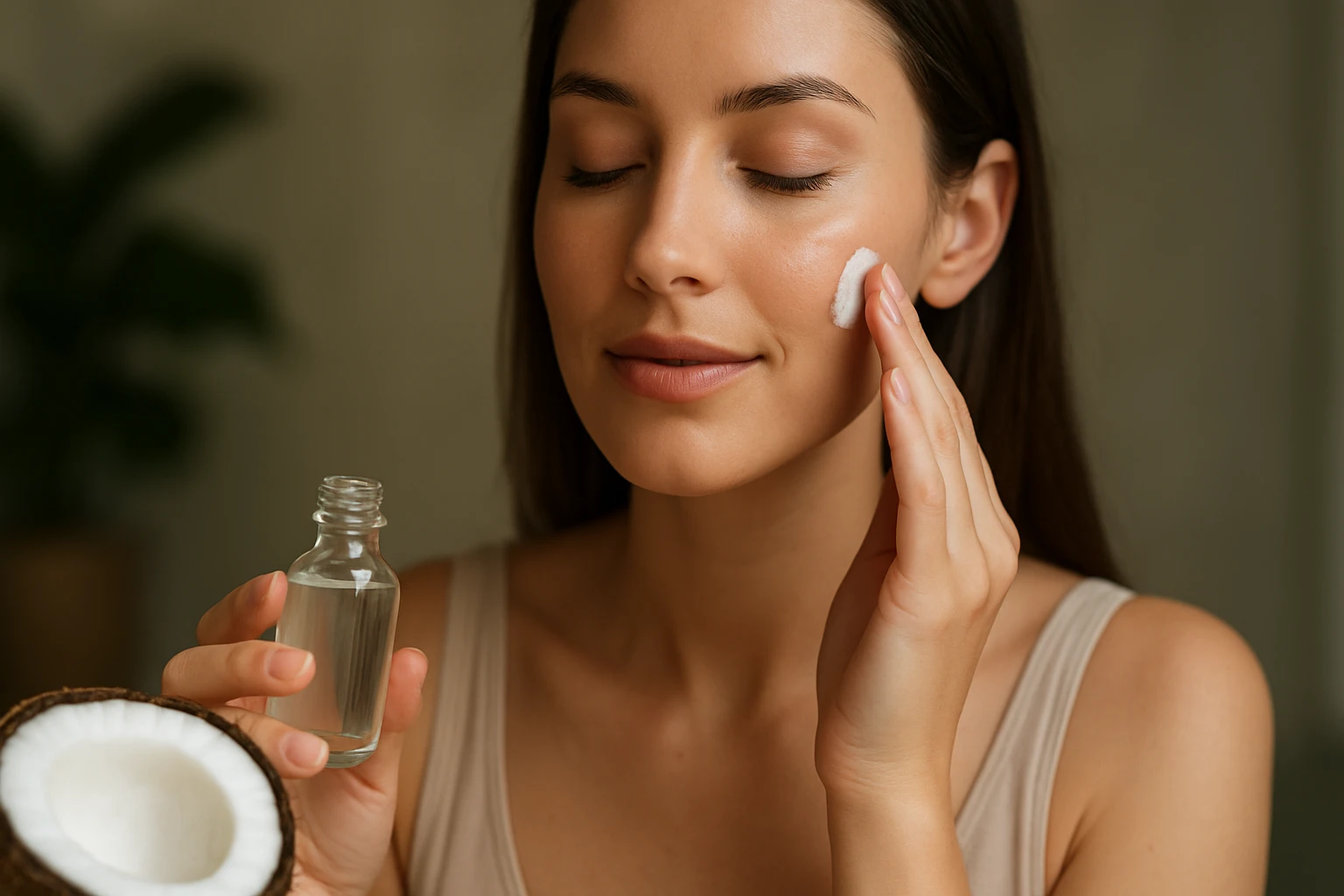Žena aplikuje kokosový olej na pleť, objavuje jeho výhody.