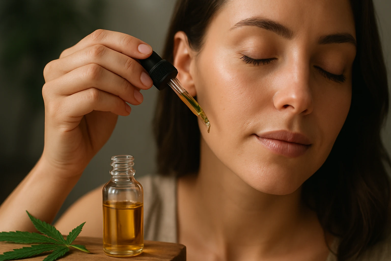 Žena aplikuje konopný olej na pleť, prírodná kozmetika.