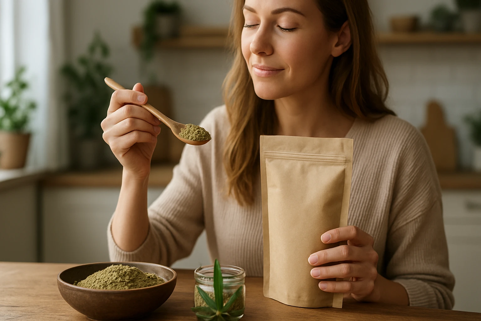 Žena s konopnou múčkou a lyžičkou, zdravé ingrediencie na stole