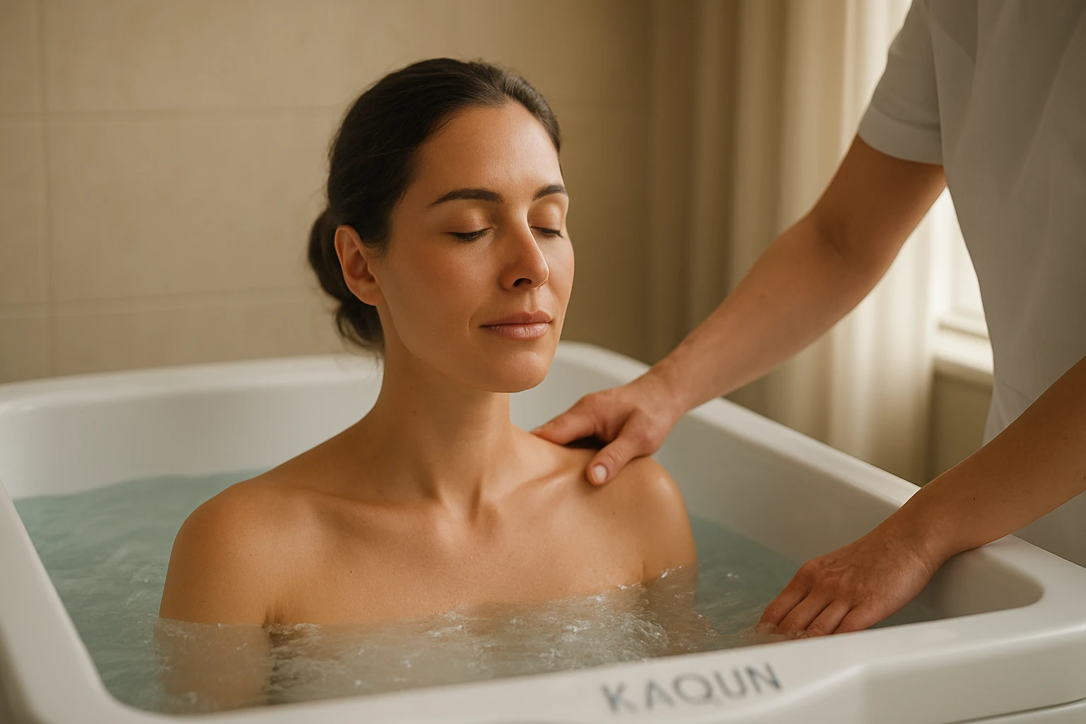 Žena relaxujúca v kúpeľi KAQUN s jemnou masážou