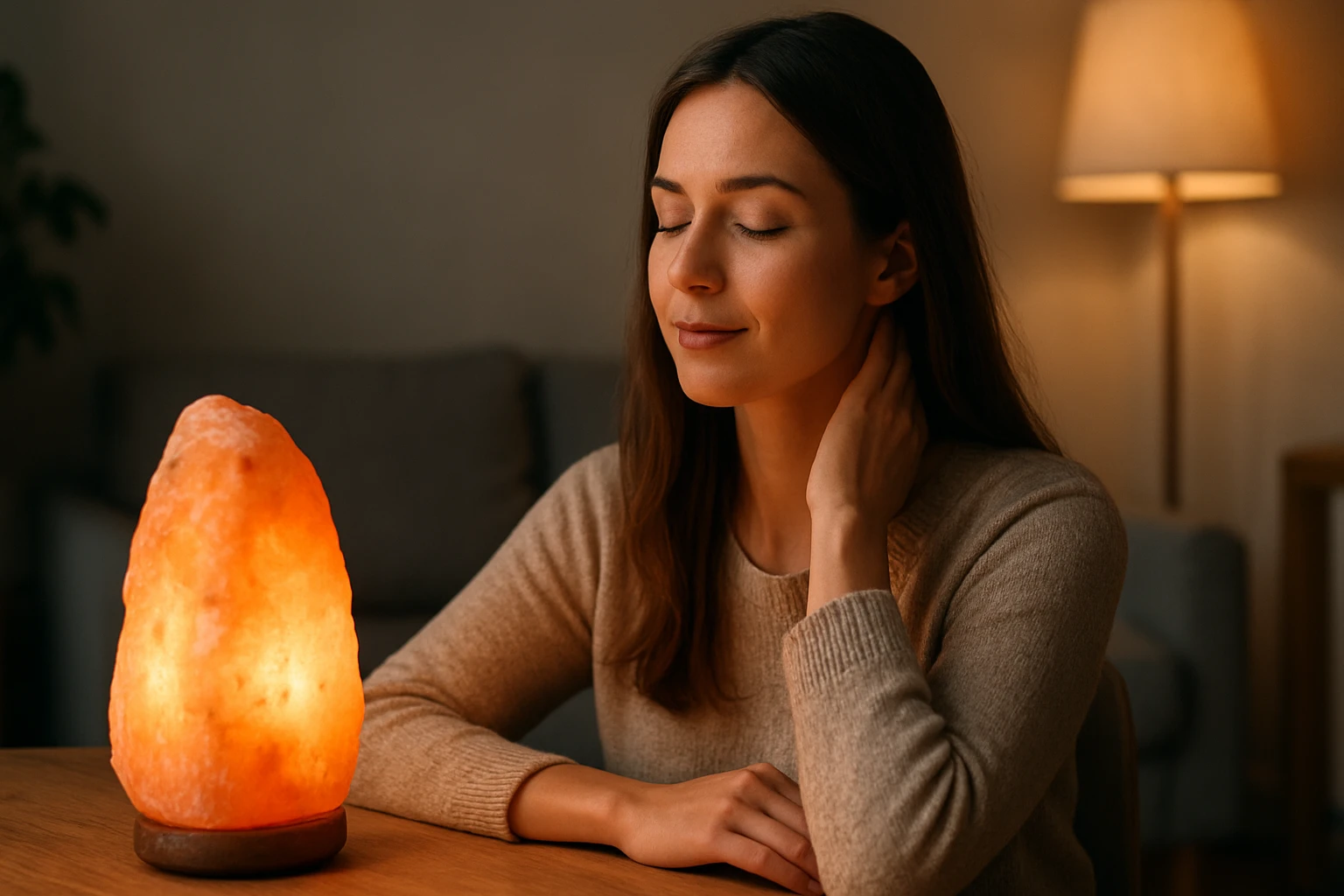 Žena relaxuje pri soľnej lampe s teplým svetlom v miestnosti.
