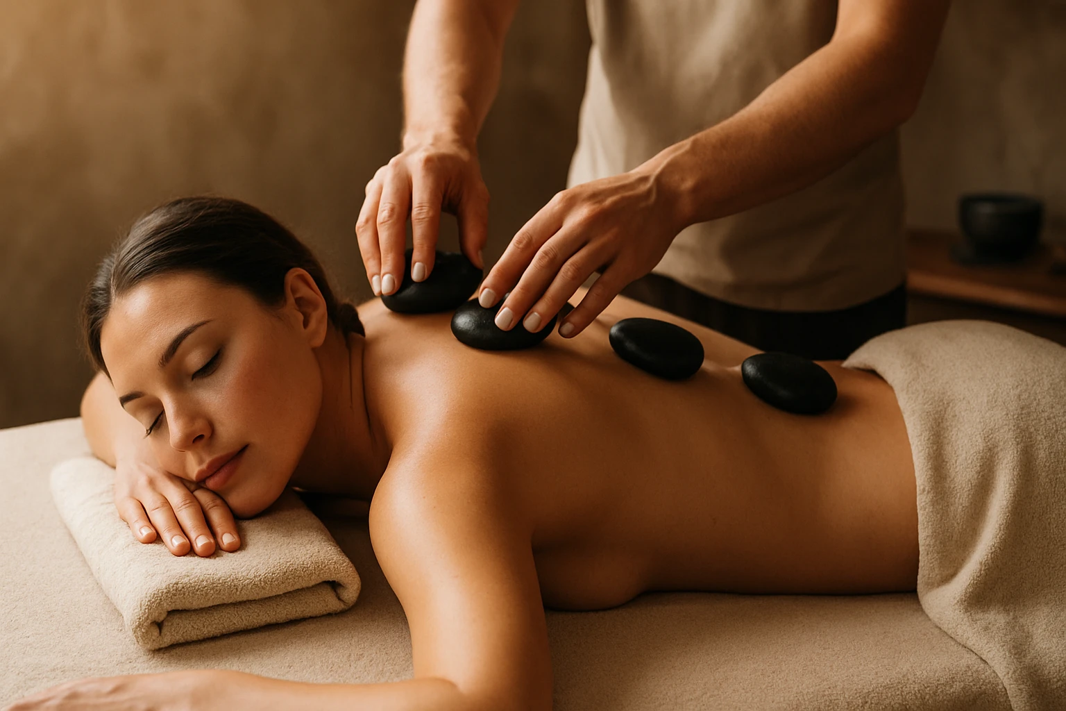 Žena podstupuje lávovú masáž s horúcimi kameňmi na relaxáciu a regeneráciu.